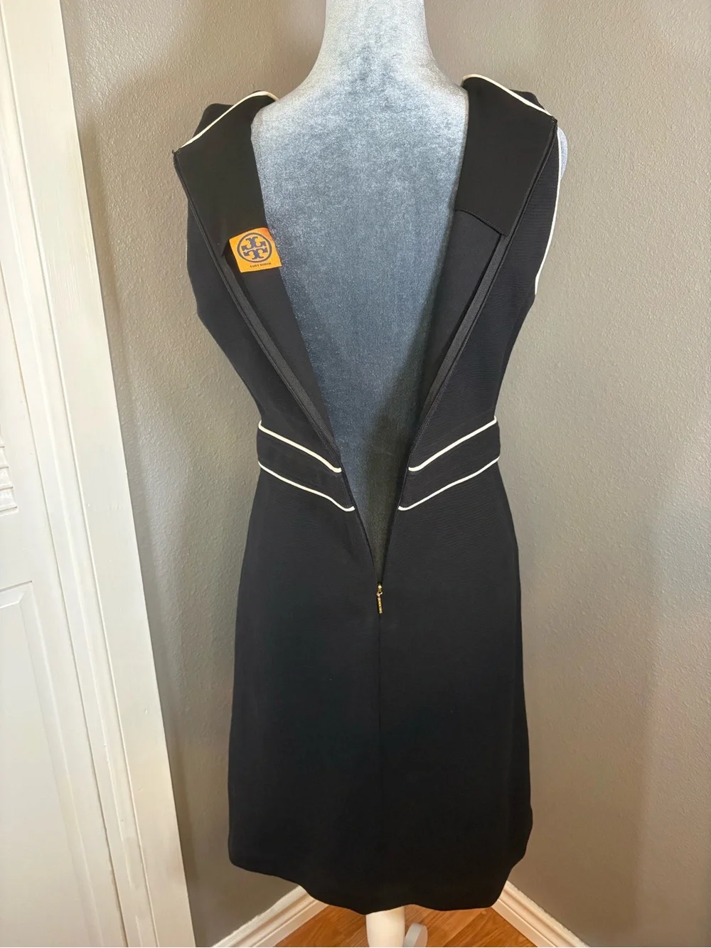 Tory Burch Meryl Sheath Dress Black with White Piping Size M